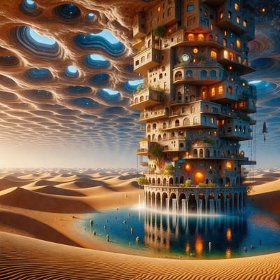 The primary subject of the image is a tall, multi-story building with a large clock tower. The building is situated in a desert-like environment, with a sandy surface visible in the foreground. The visual style of the image is digital art, as it appears to be a computer-generated or digitally rendered scene. The colors and mood of the image are predominantly warm and earthy tones, with the sandy surface and the building's architecture creating a sense of depth and dimension.